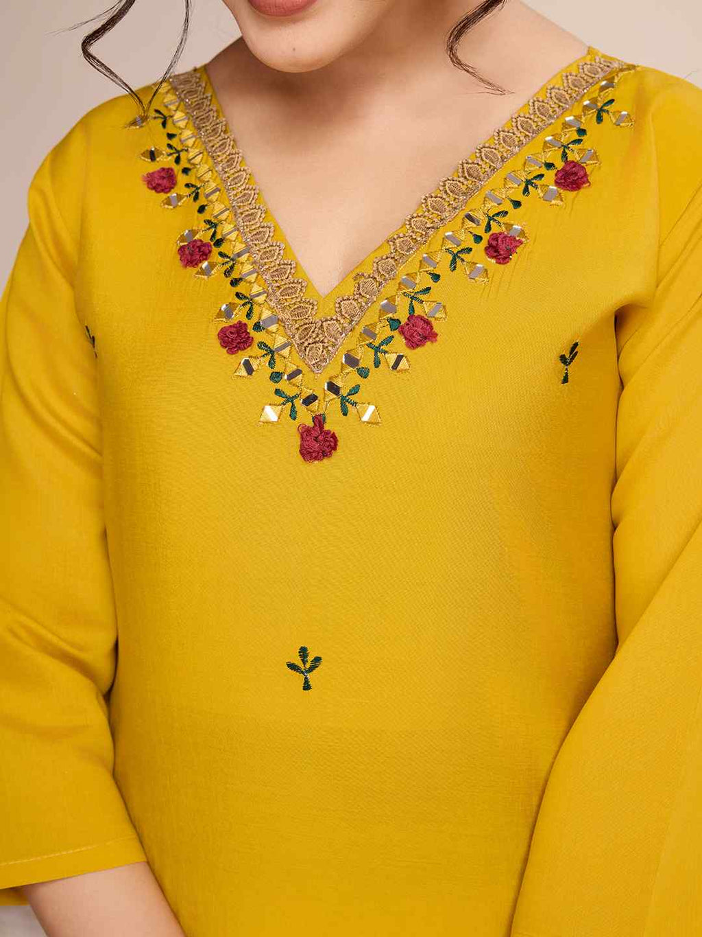 Mustard Yellow Roman Silk Embroidered Kurta Set