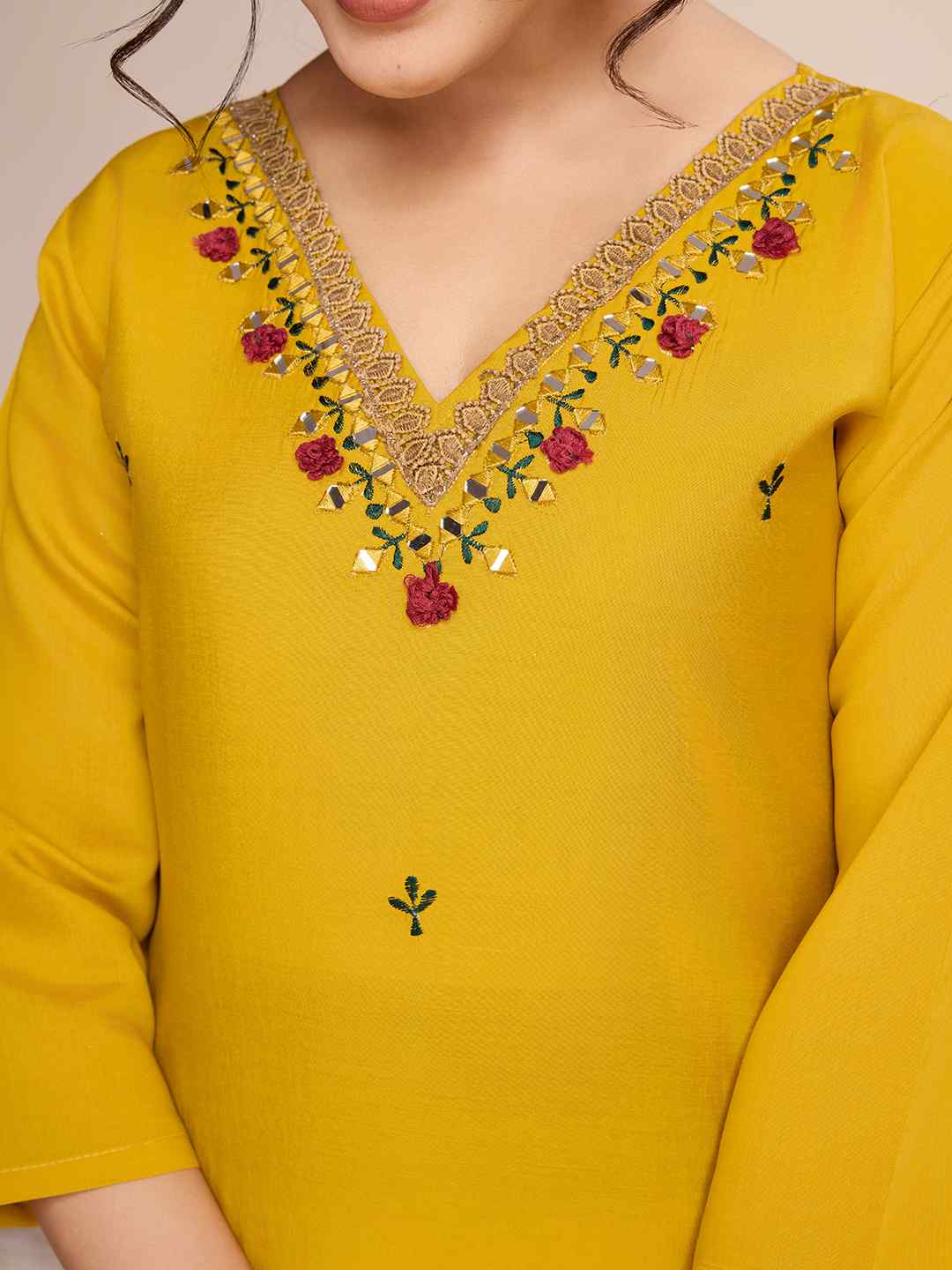 Mustard Yellow Roman Silk Embroidered Kurta Set