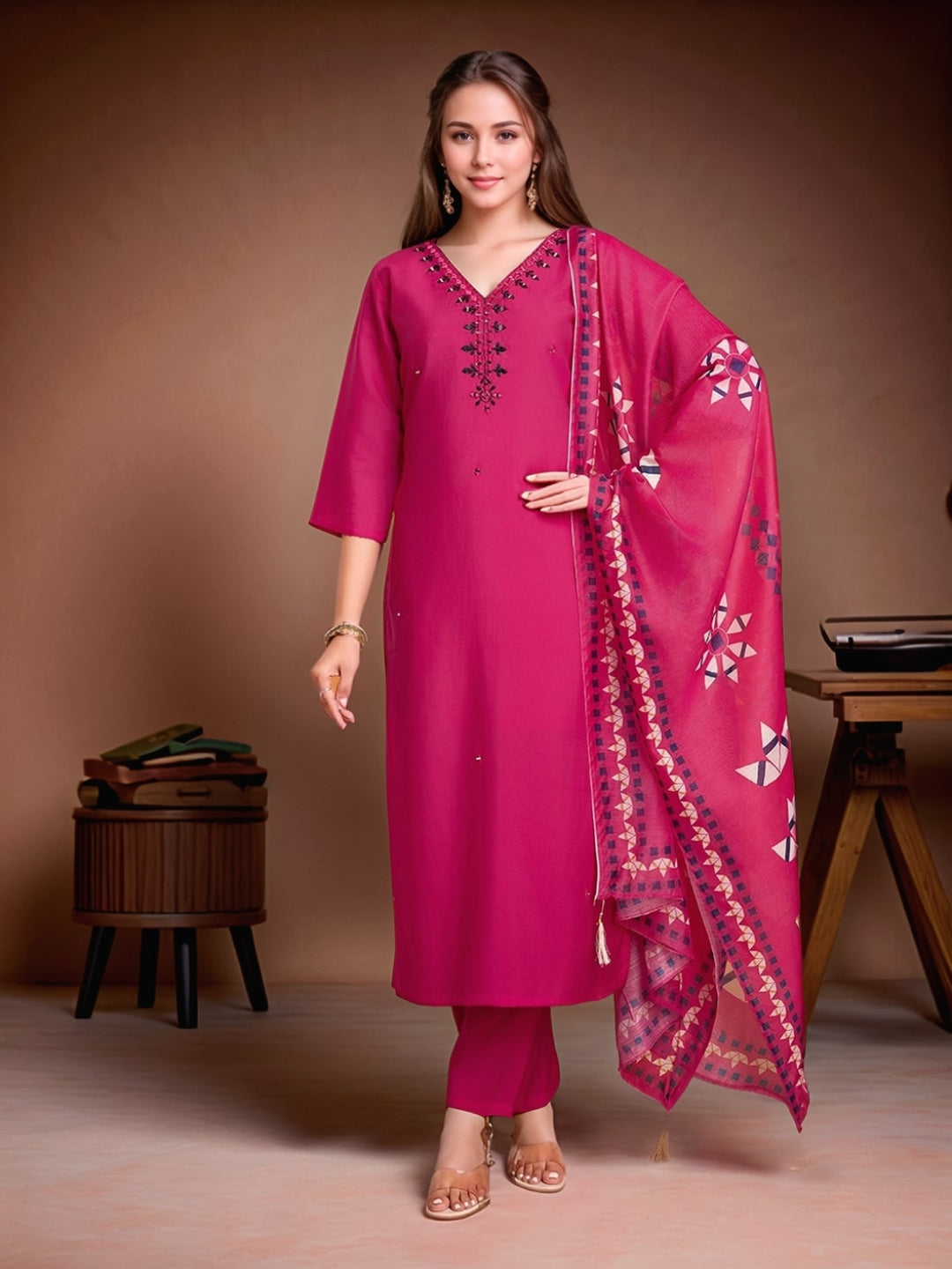 Magenta Mirror Work Embroidered Kurta Set with Dupatta