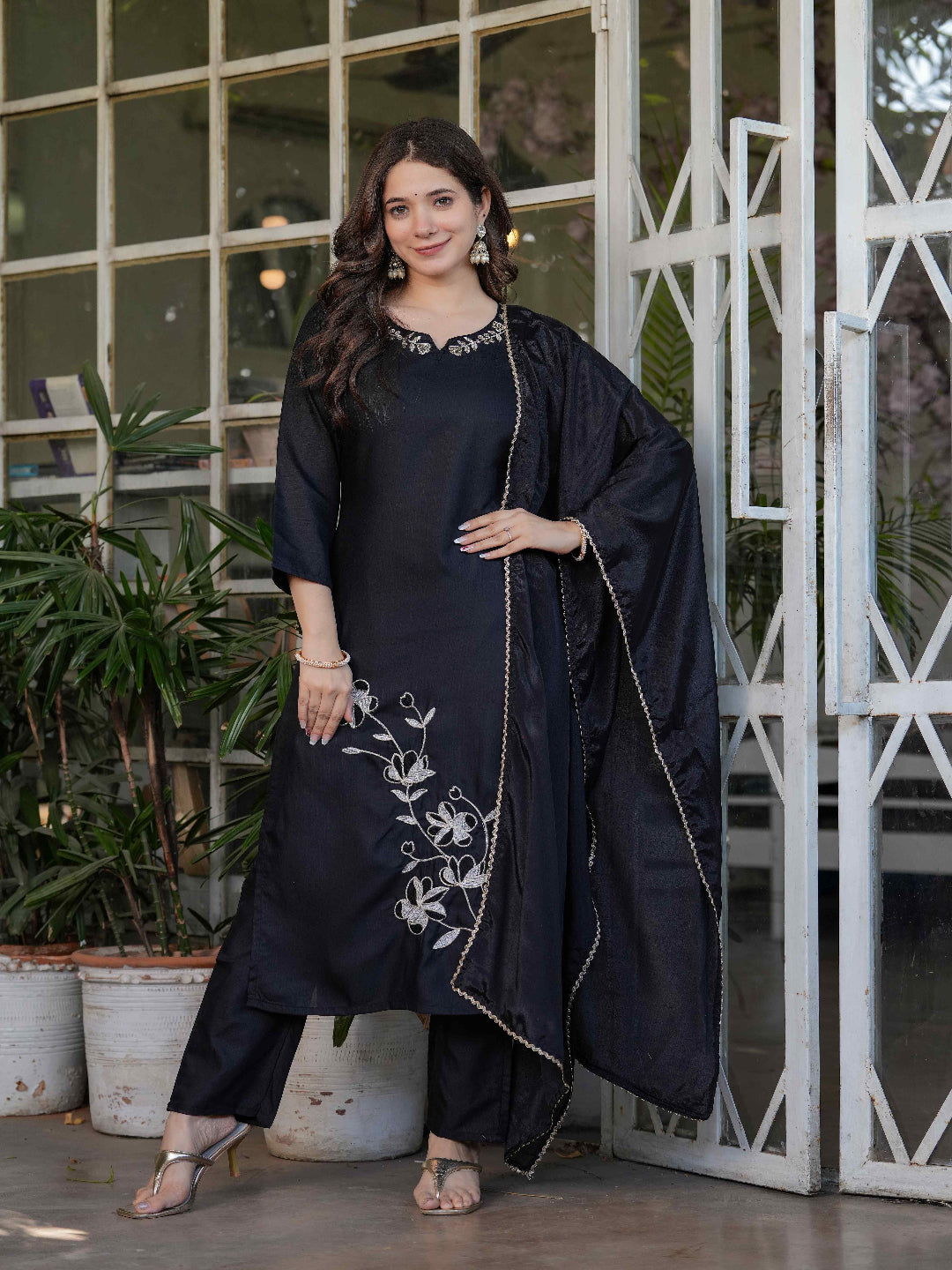 Viscose Rayon Black Kurta with Pants and Dupatta