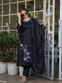 Viscose Rayon Black Kurta with Pants and Dupatta