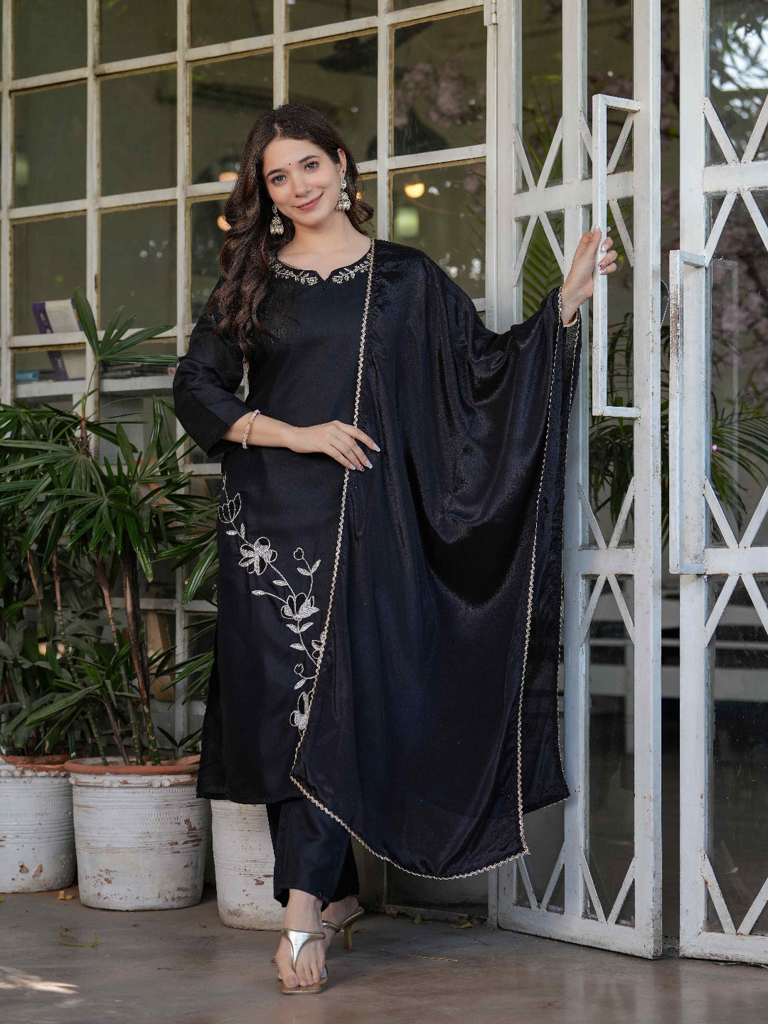 Viscose Rayon Black Kurta with Pants and Dupatta
