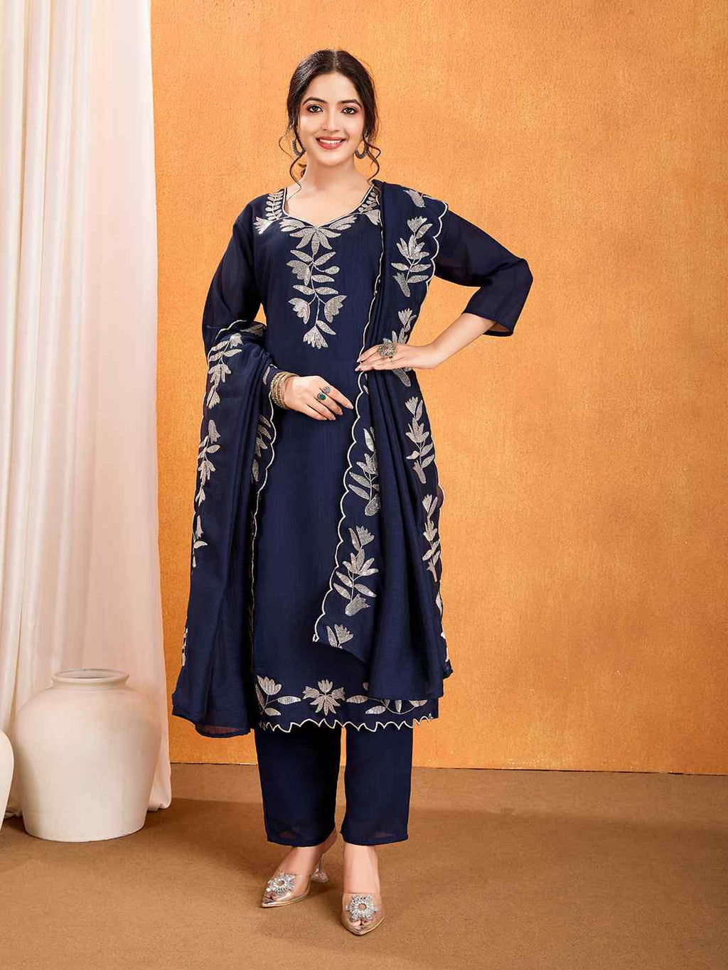 Women's Vichitra Multi Sequence Work Kurta Pant Dupatta Set