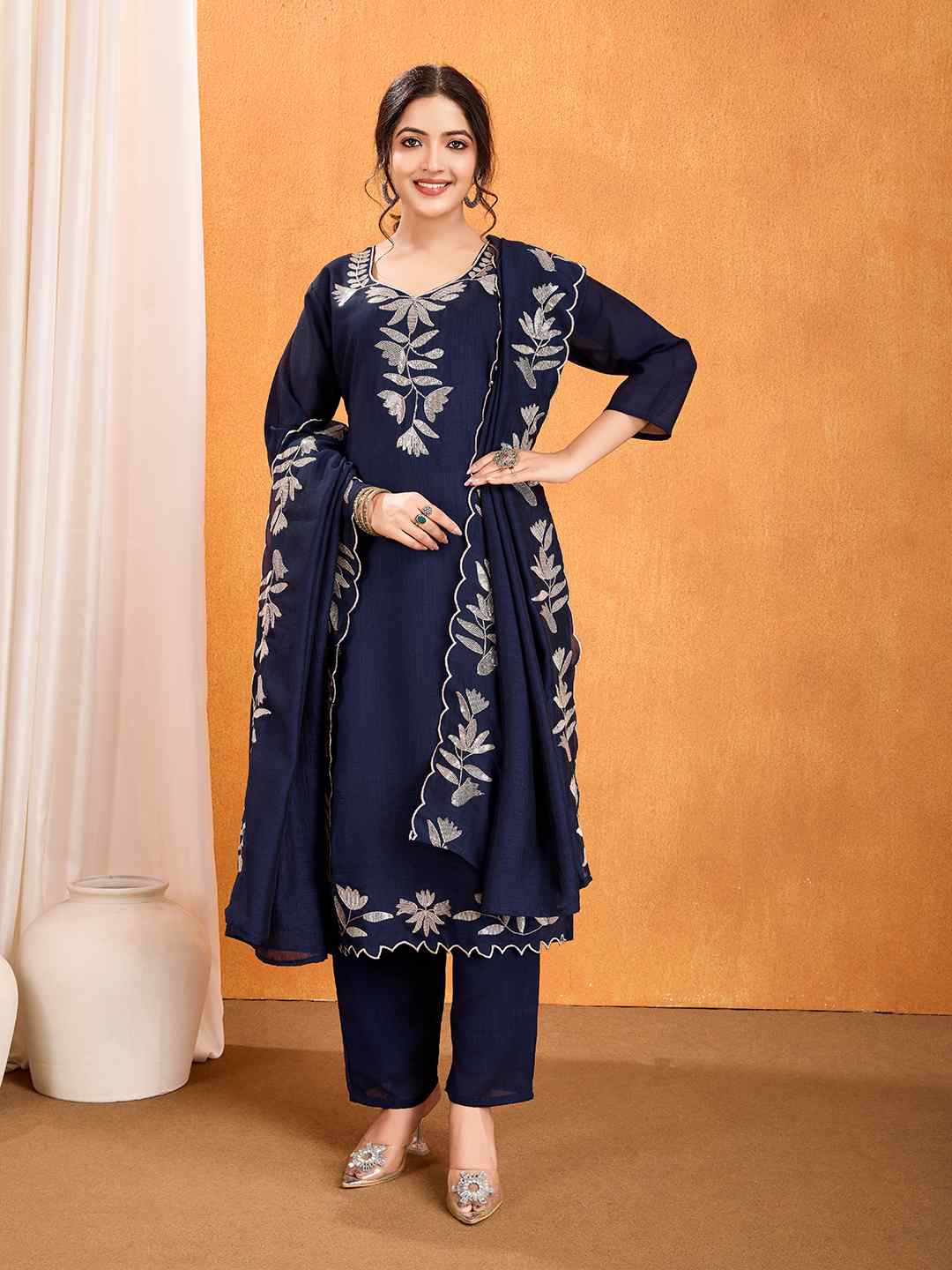 Women's Vichitra Multi Sequence Work Kurta Pant Dupatta Set