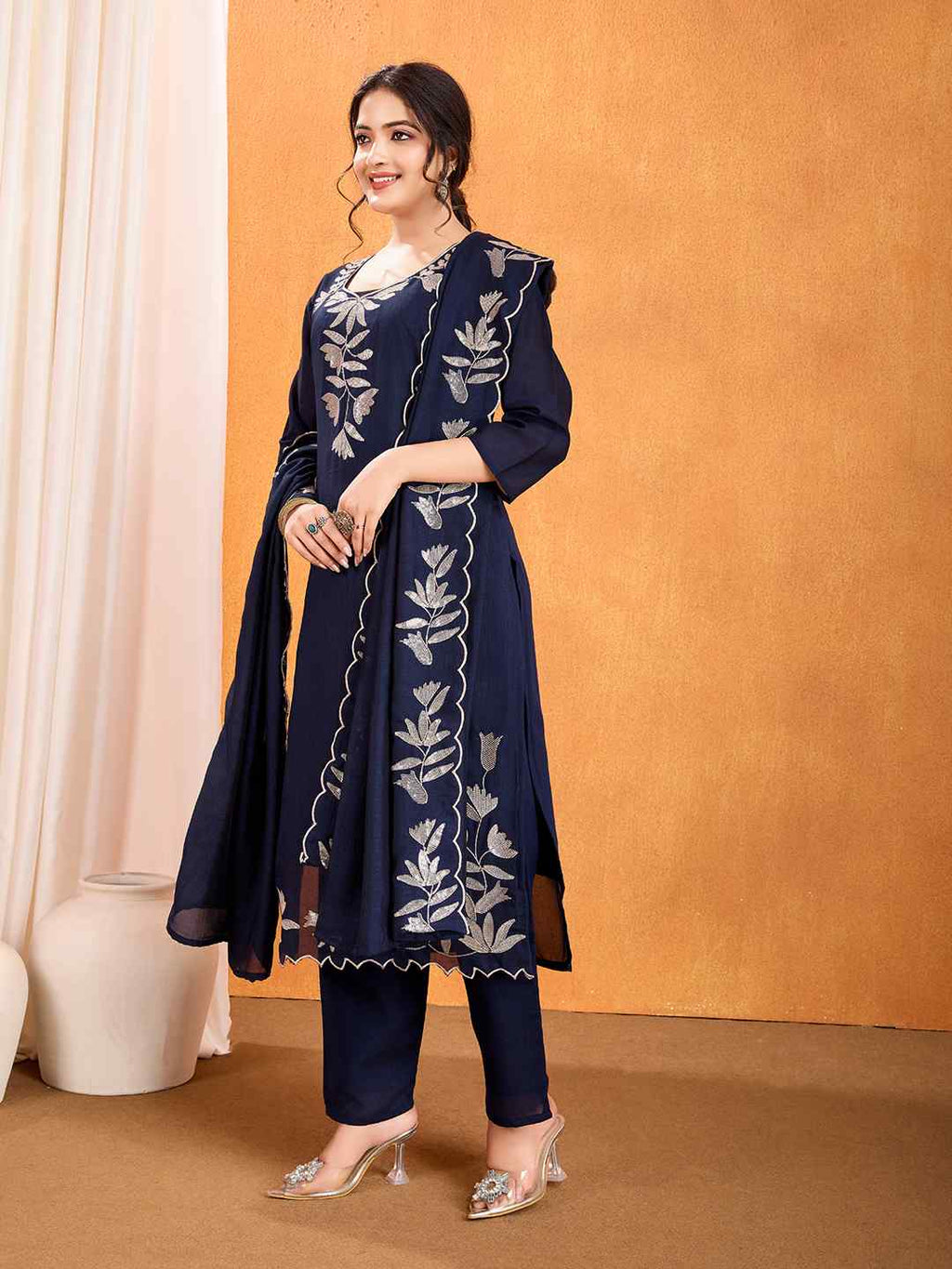 Women's Vichitra Multi Sequence Work Kurta Pant Dupatta Set