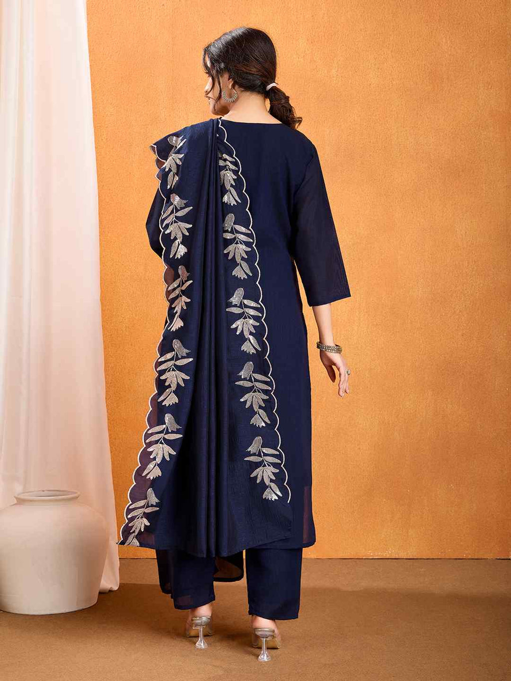 Women's Vichitra Multi Sequence Work Kurta Pant Dupatta Set