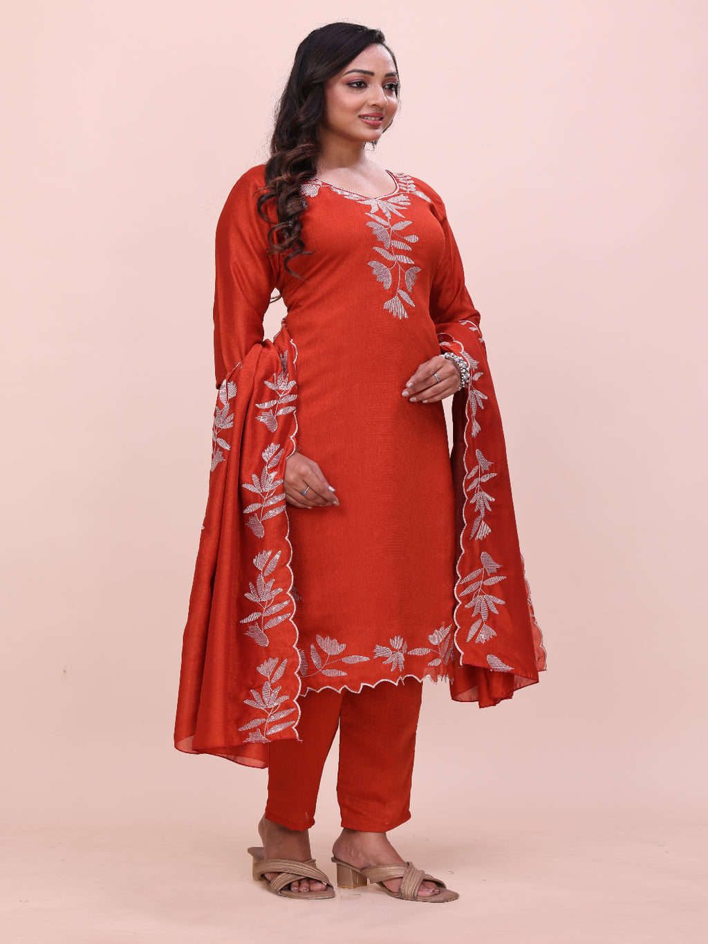 Women's Vichitra Multi Sequence Work Kurta Pant Dupatta Set