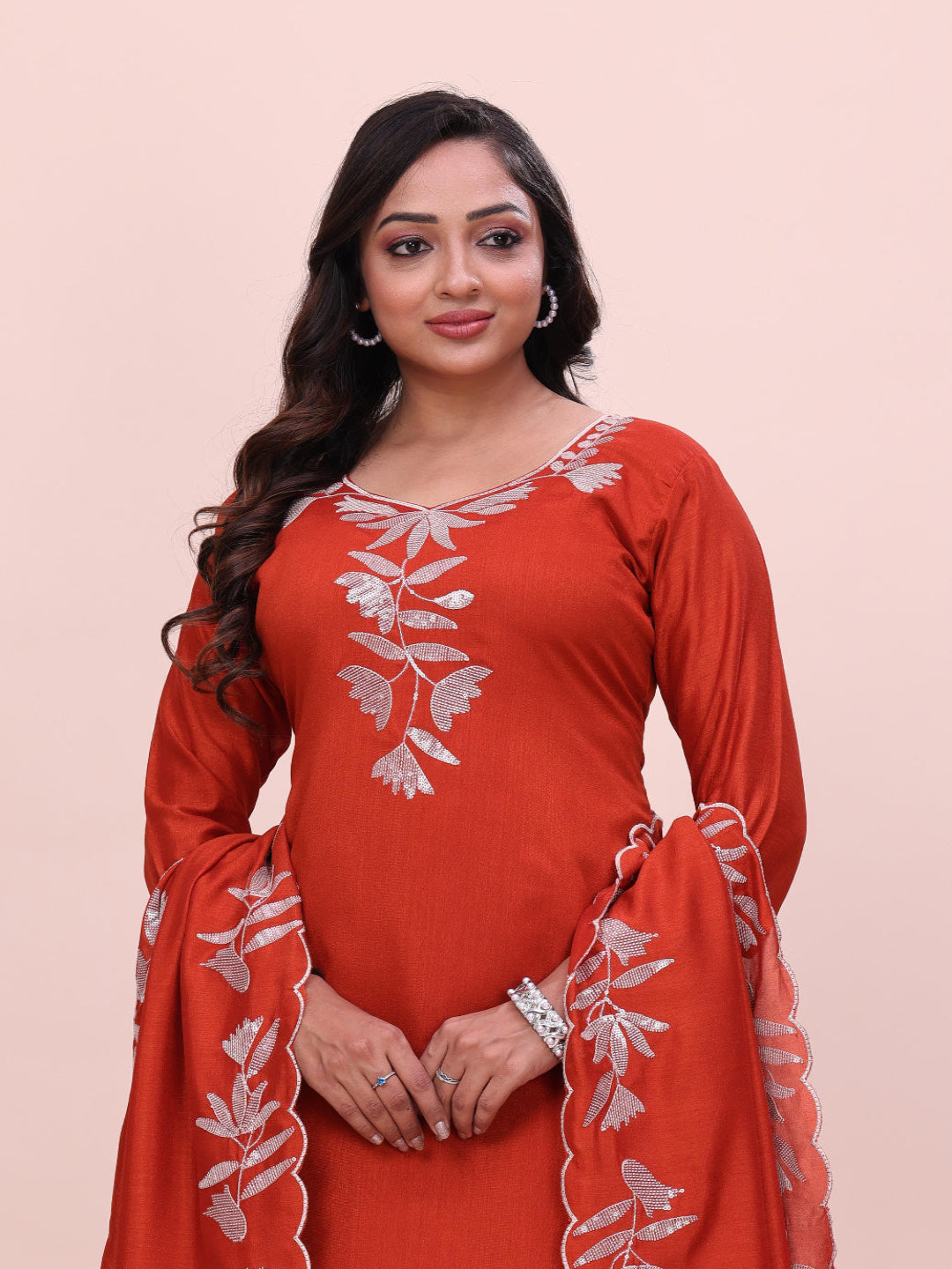 Women's Vichitra Multi Sequence Work Kurta Pant Dupatta Set