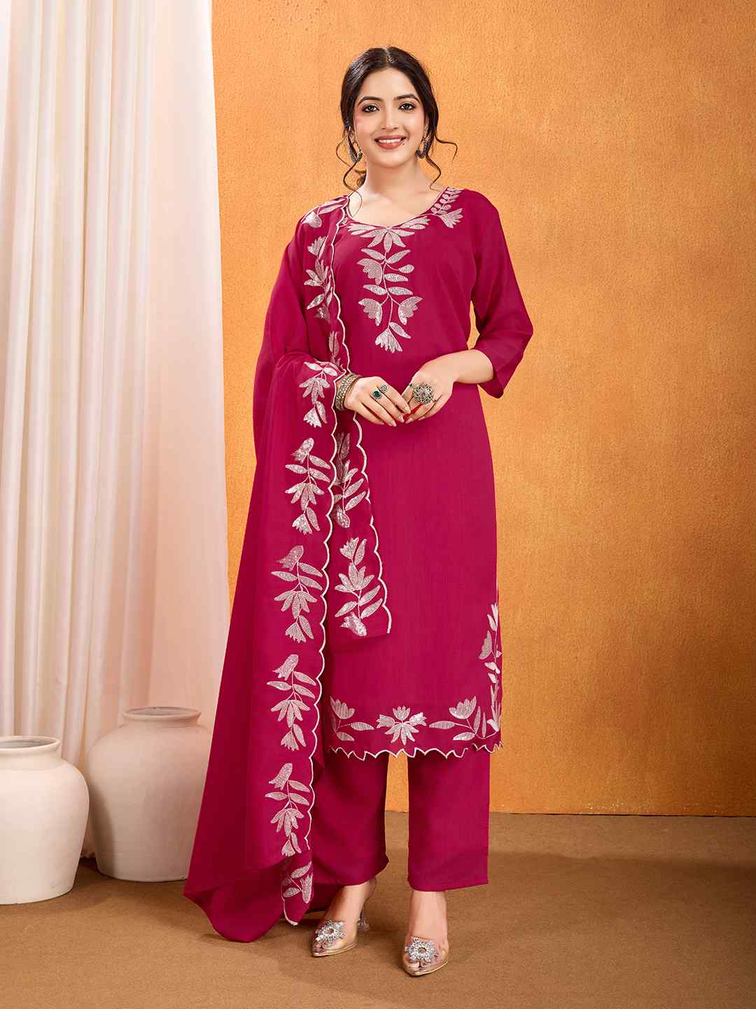 Women's Vichitra Multi Sequence Work Kurta Pant Dupatta Set