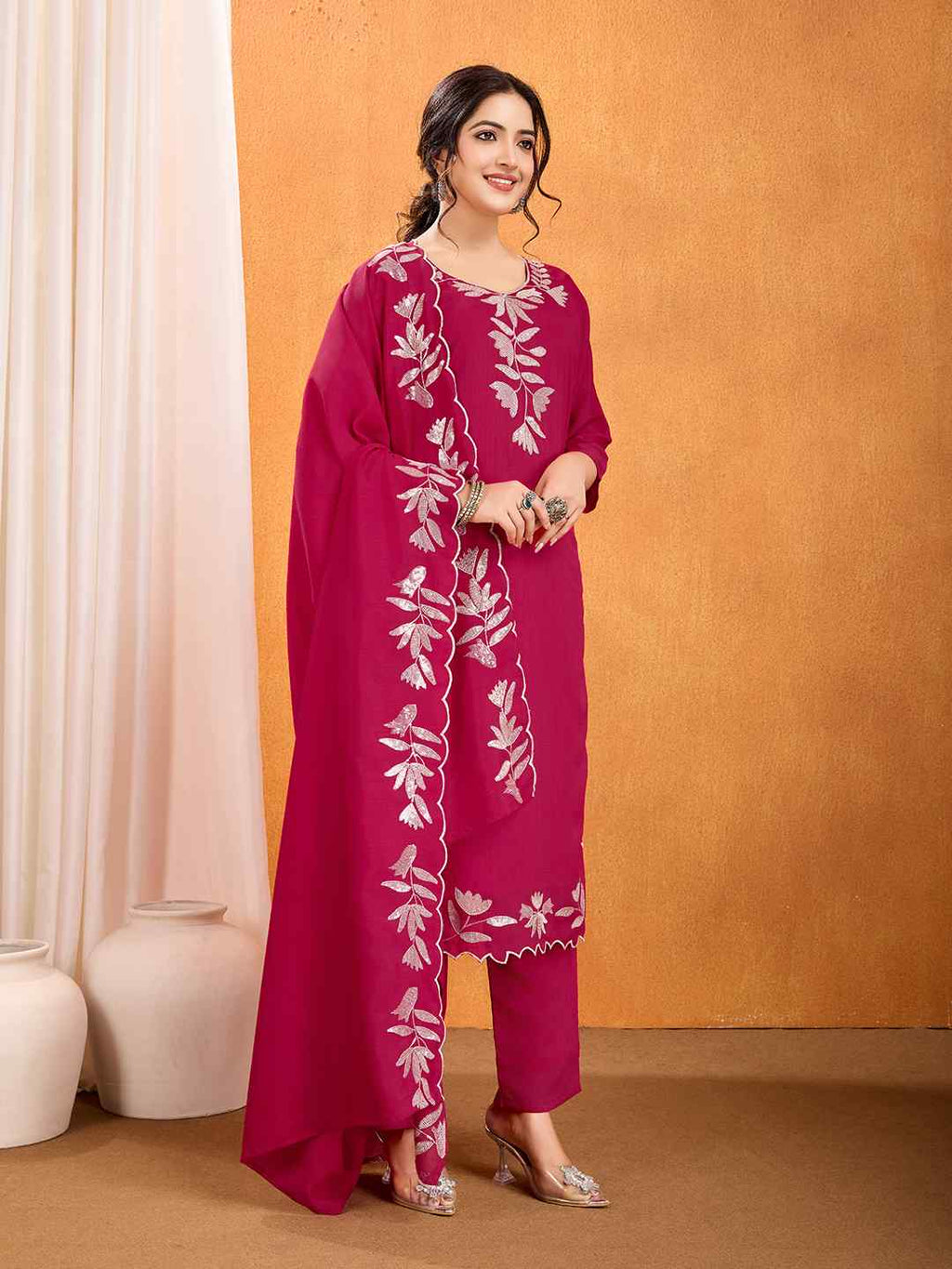 Women's Vichitra Multi Sequence Work Kurta Pant Dupatta Set