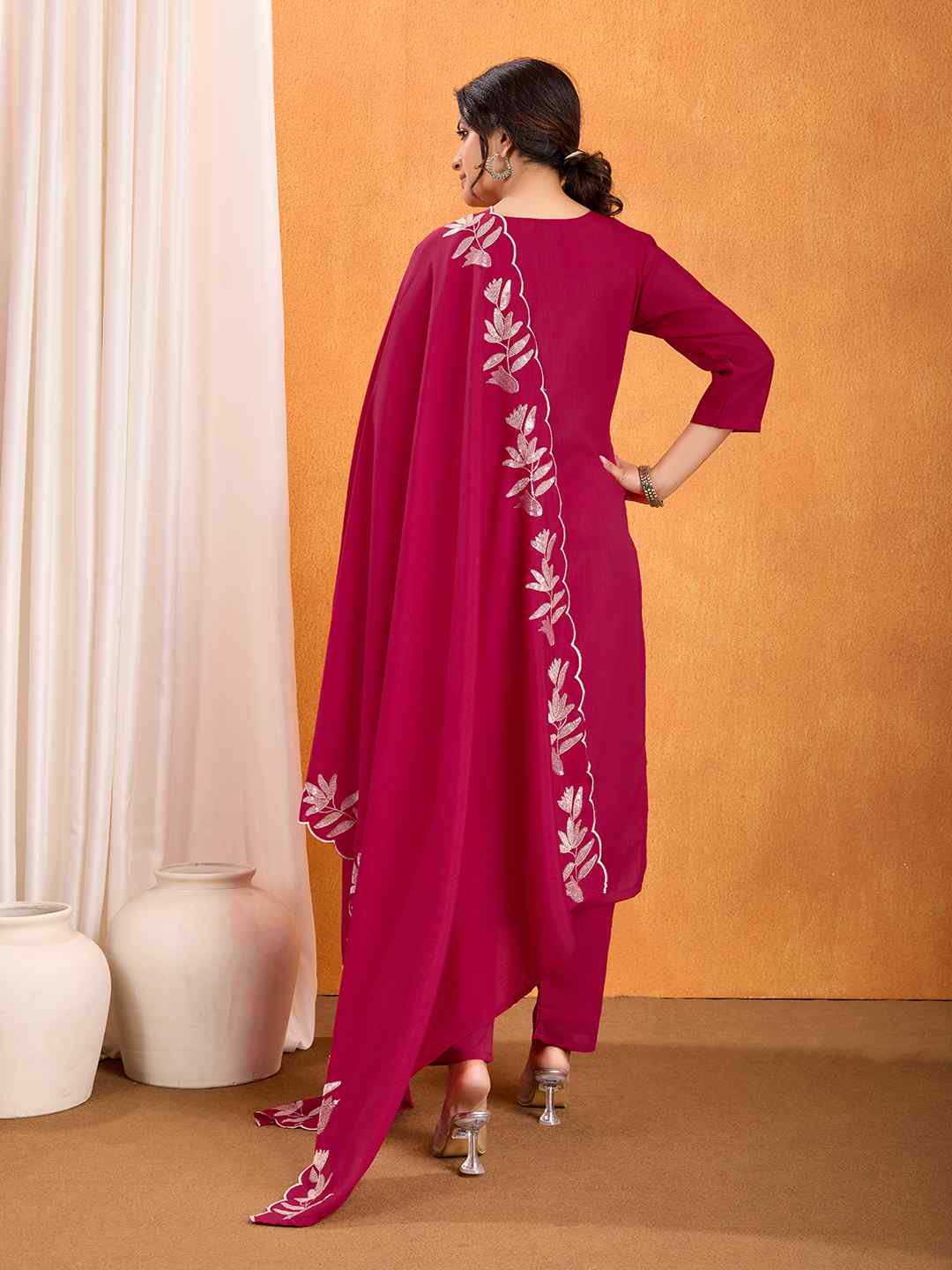 Women's Vichitra Multi Sequence Work Kurta Pant Dupatta Set