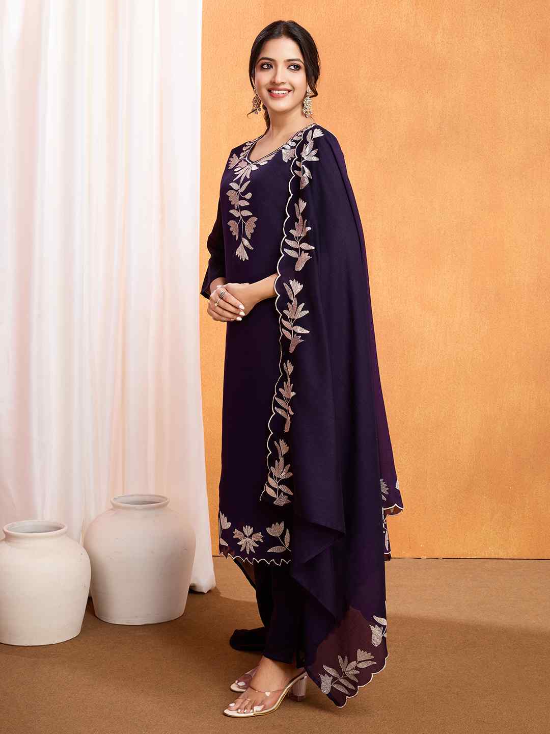 Women's Vichitra Multi Sequence Work Kurta Pant Dupatta Set