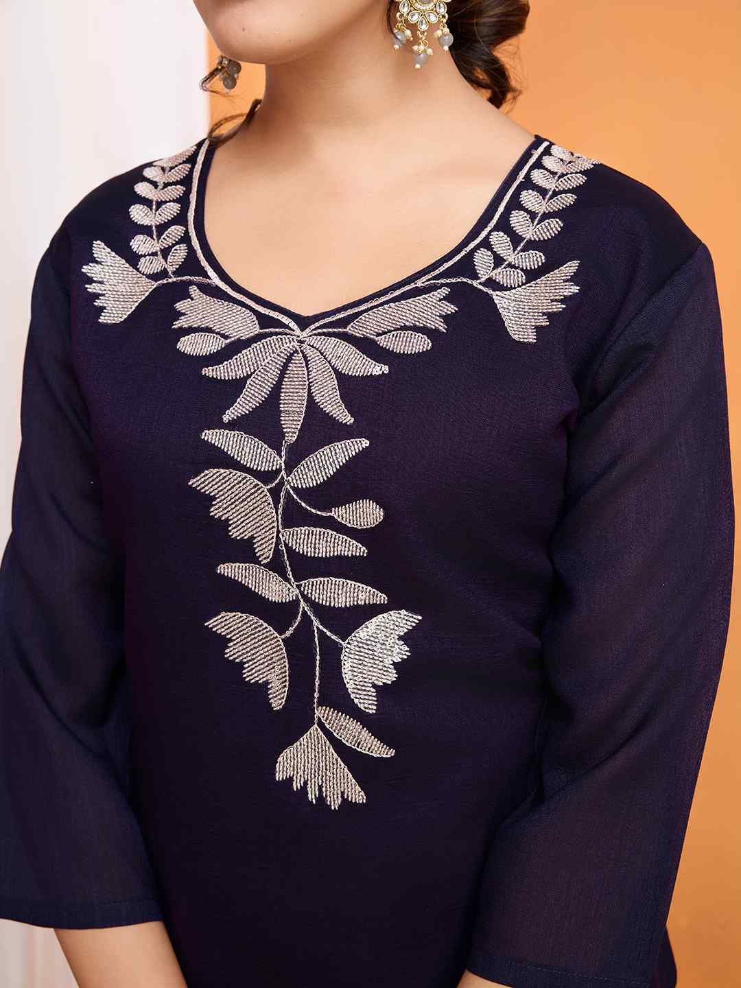 Women's Vichitra Multi Sequence Work Kurta Pant Dupatta Set