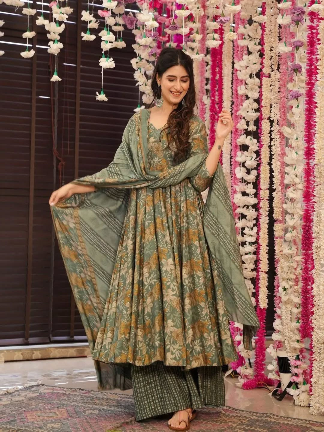 Women Olive Green Floral Printed Anarkali Kurta Set with Dupatta