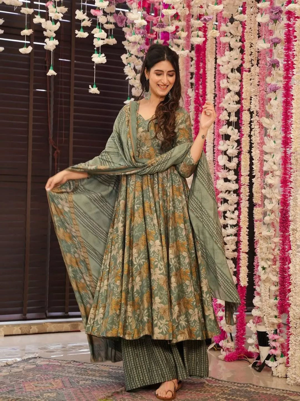 Women Olive Green Floral Printed Anarkali Kurta Set with Dupatta