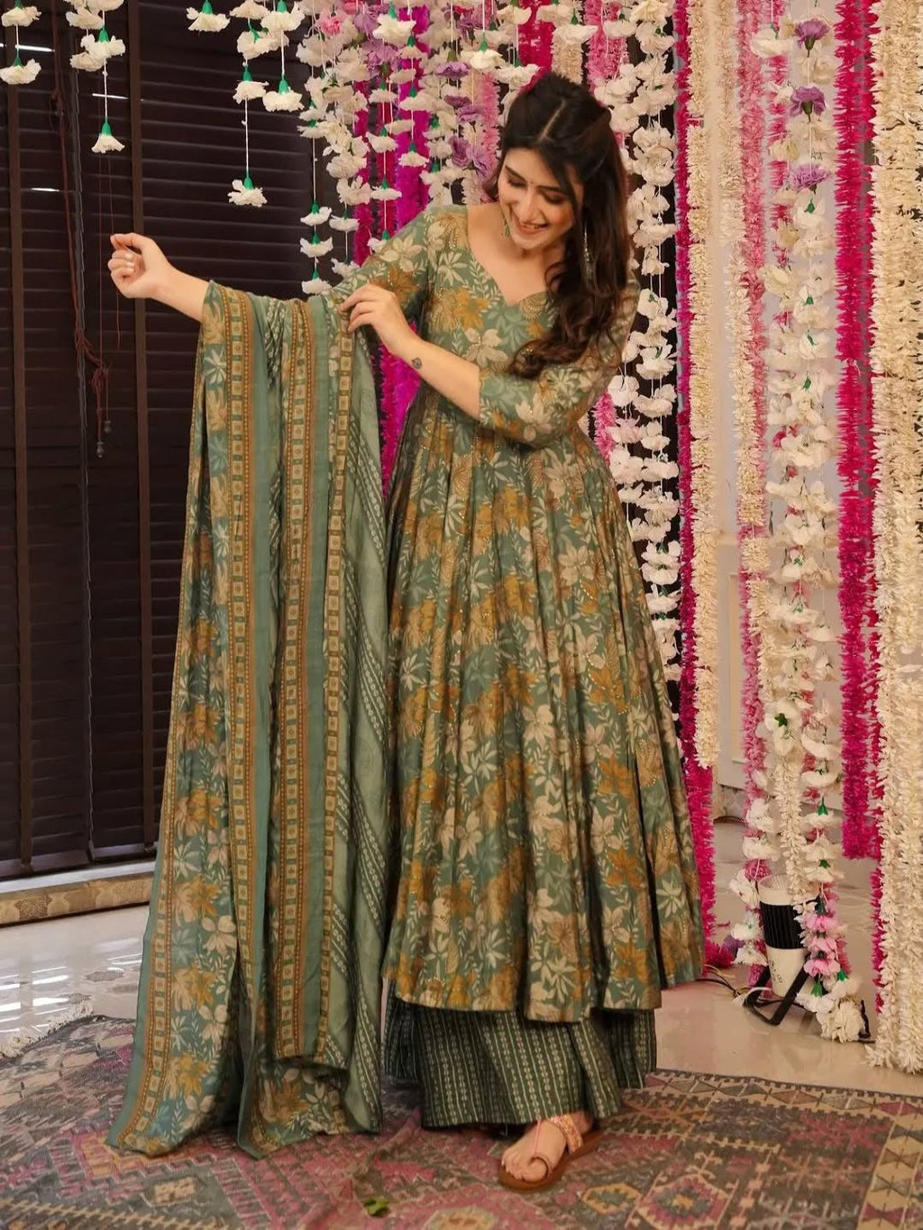 Women Olive Green Floral Printed Anarkali Kurta Set with Dupatta