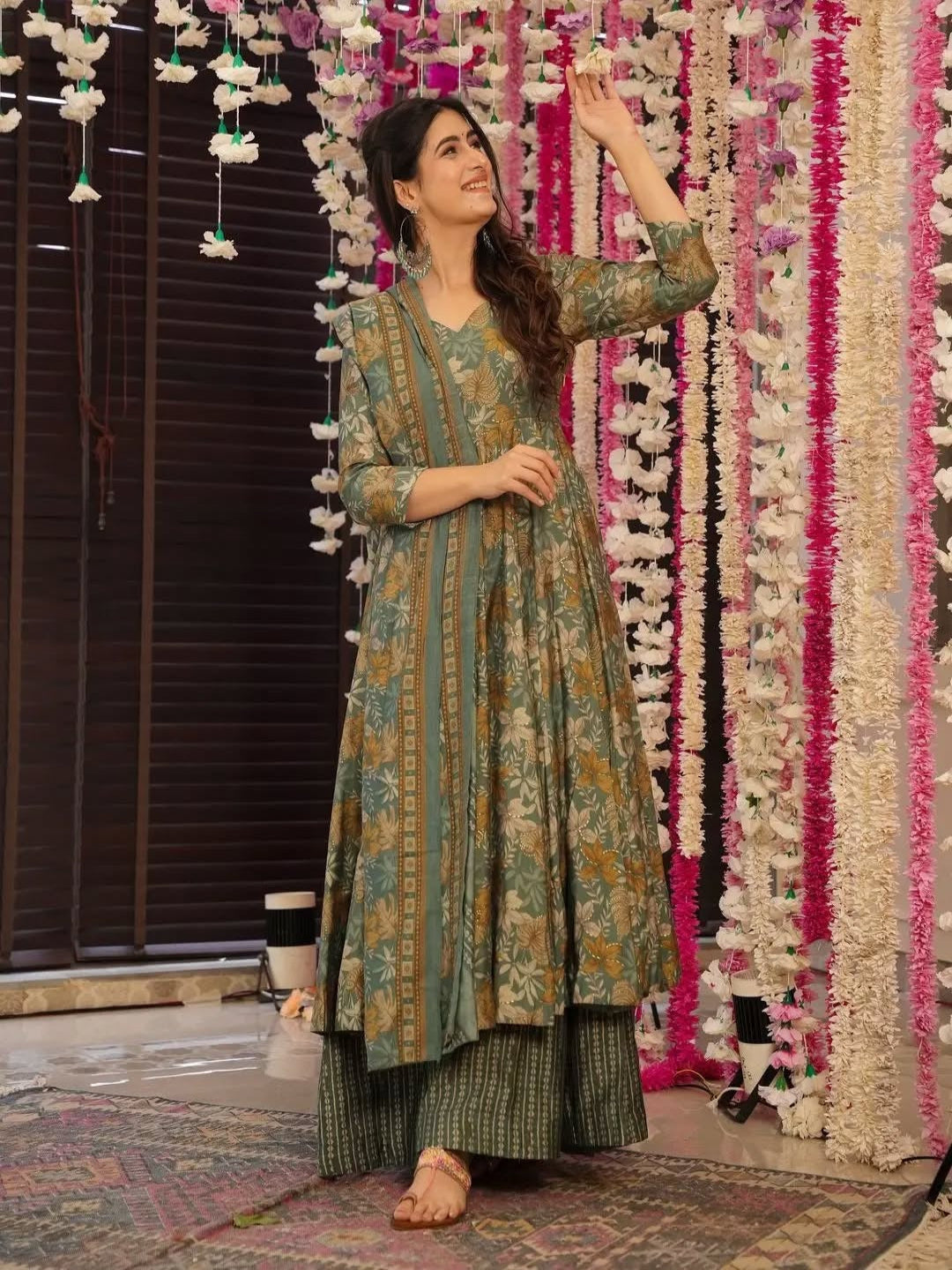 Women Olive Green Floral Printed Anarkali Kurta Set with Dupatta