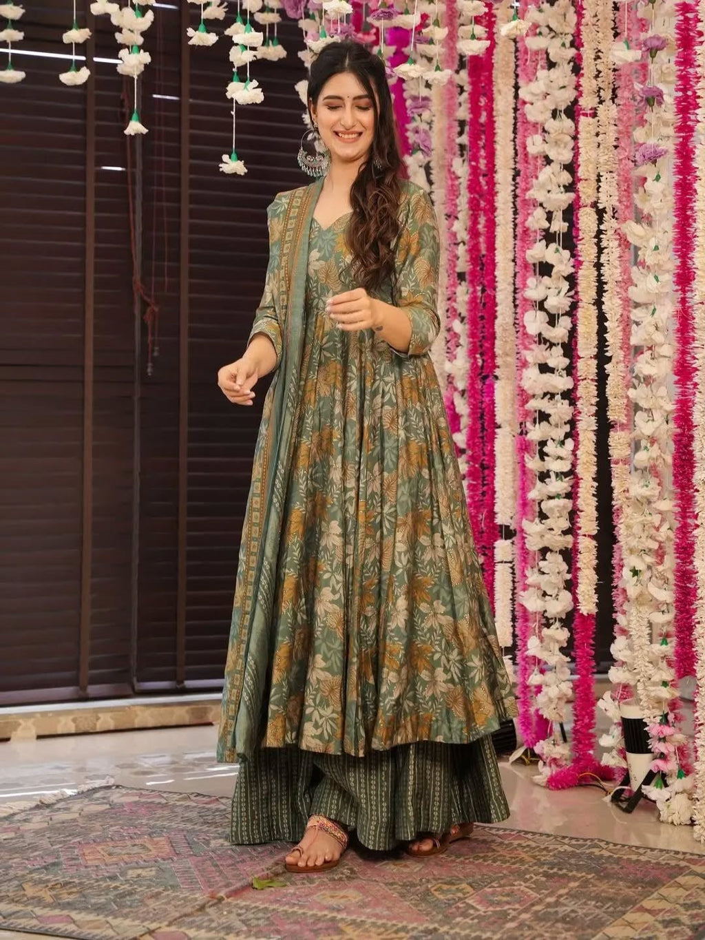 Women Olive Green Floral Printed Anarkali Kurta Set with Dupatta