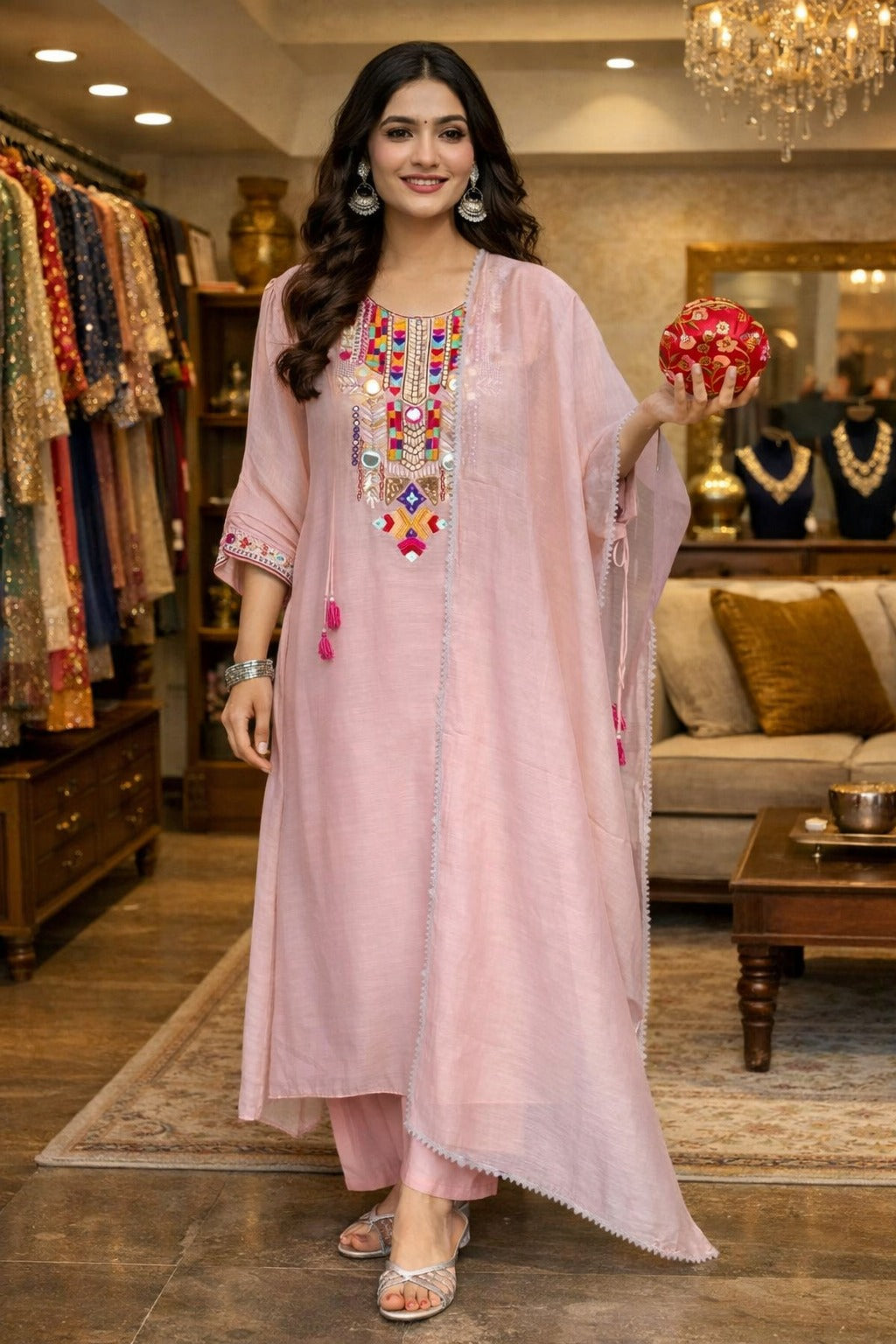 Pink Embroidered Silk Blend Straight Kurta Sets With Dupatta