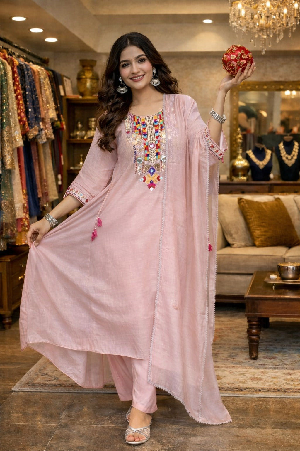 Pink Embroidered Silk Blend Straight Kurta Sets With Dupatta