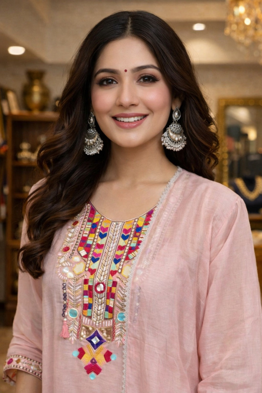 Pink Embroidered Silk Blend Straight Kurta Sets With Dupatta
