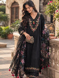 Black Embroidered Kurta Set with Floral Dupatta