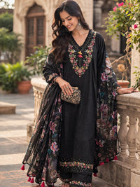 Black Embroidered Kurta Set with Floral Dupatta