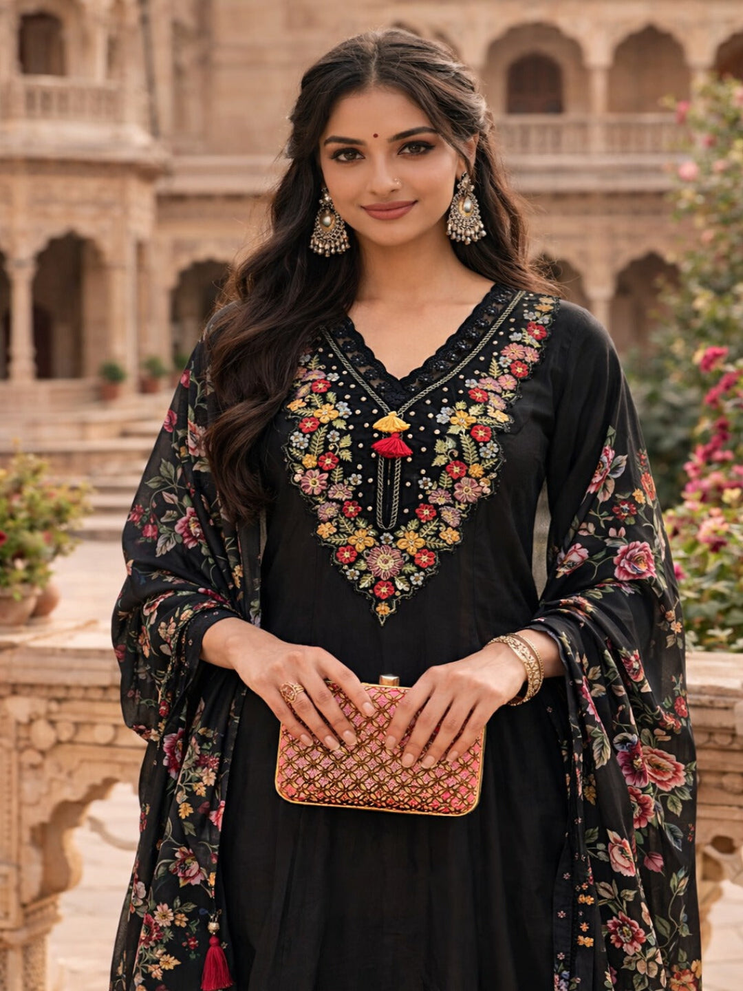 Black Embroidered Kurta Set with Floral Dupatta