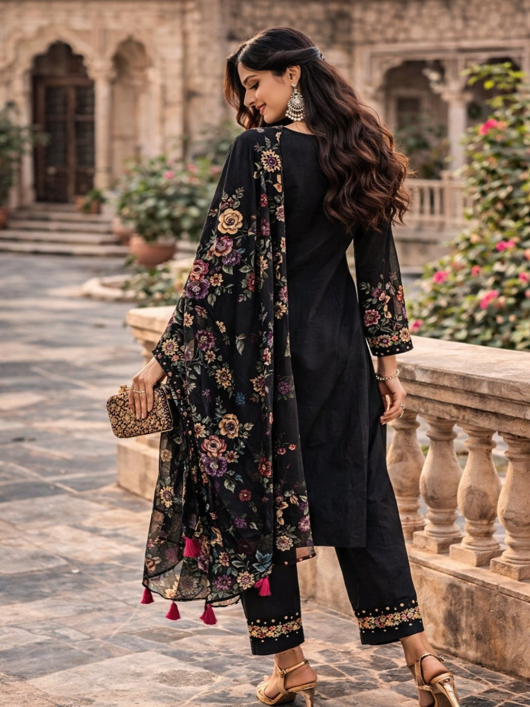 Black Embroidered Kurta Set with Floral Dupatta
