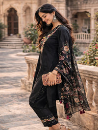 Black Embroidered Kurta Set with Floral Dupatta