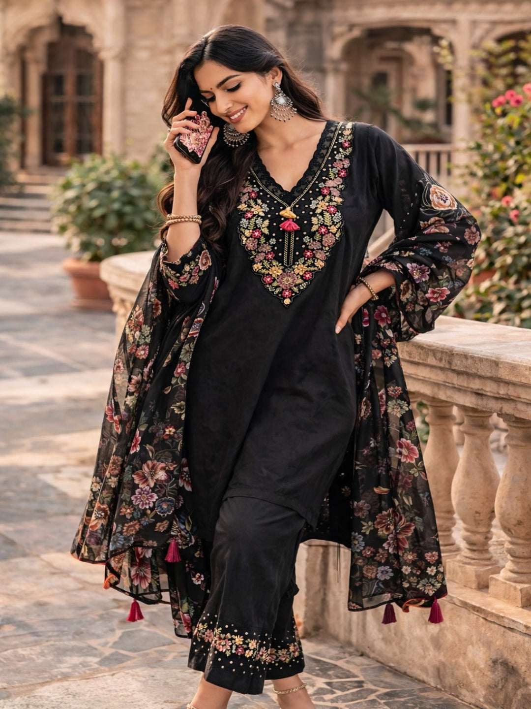 Black Embroidered Kurta Set with Floral Dupatta