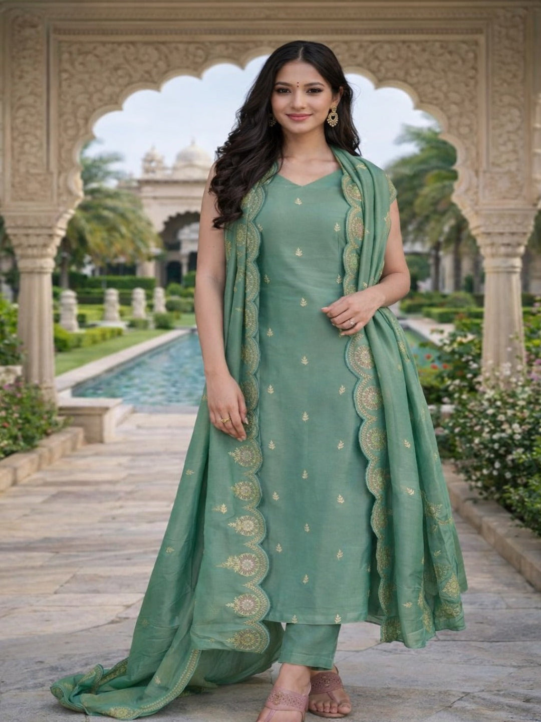 Fascinating Sequence Embroidery Viscose Pista Green Kurti With Pant and Dupatta