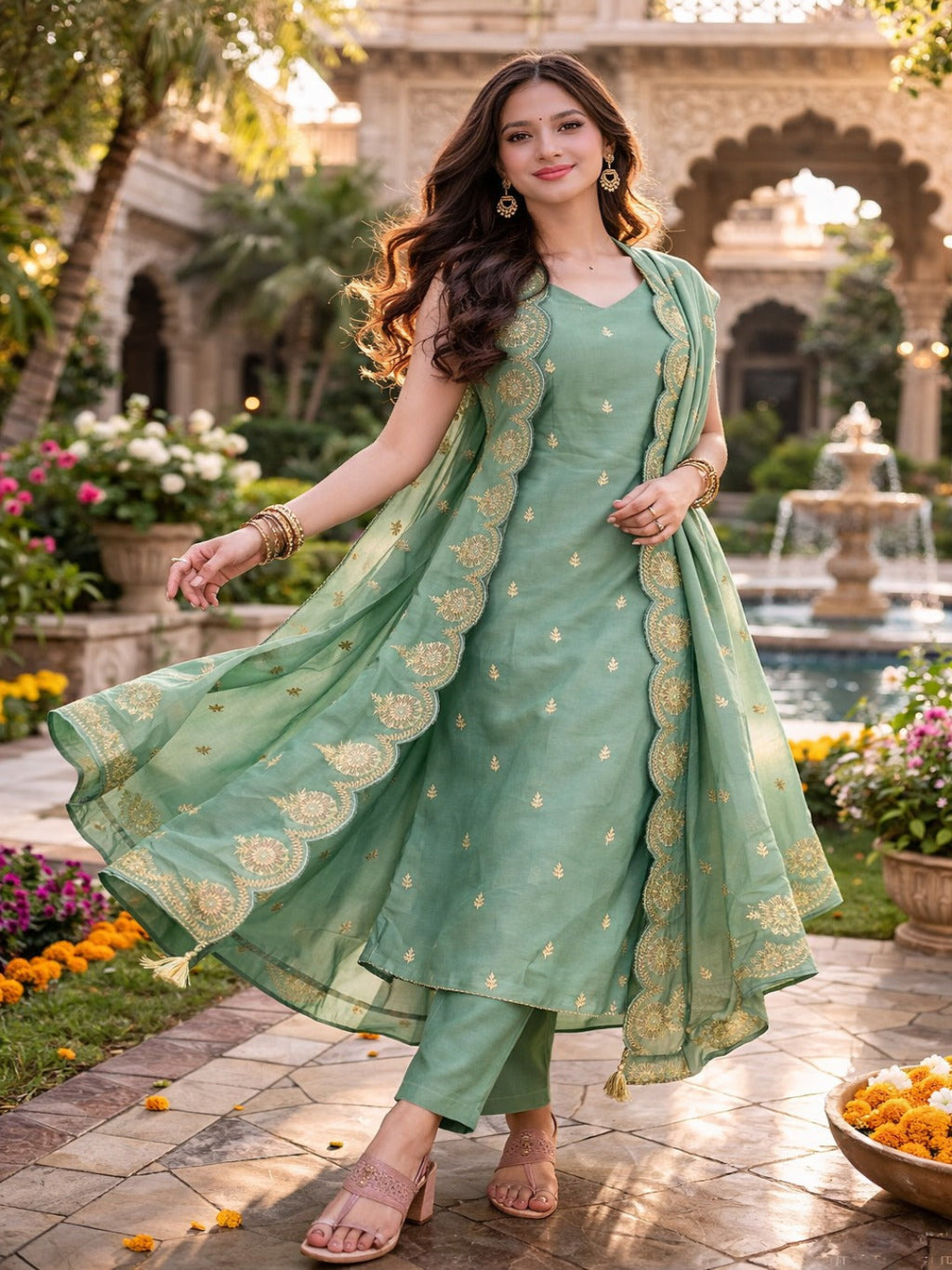 Fascinating Sequence Embroidery Viscose Pista Green Kurti With Pant and Dupatta