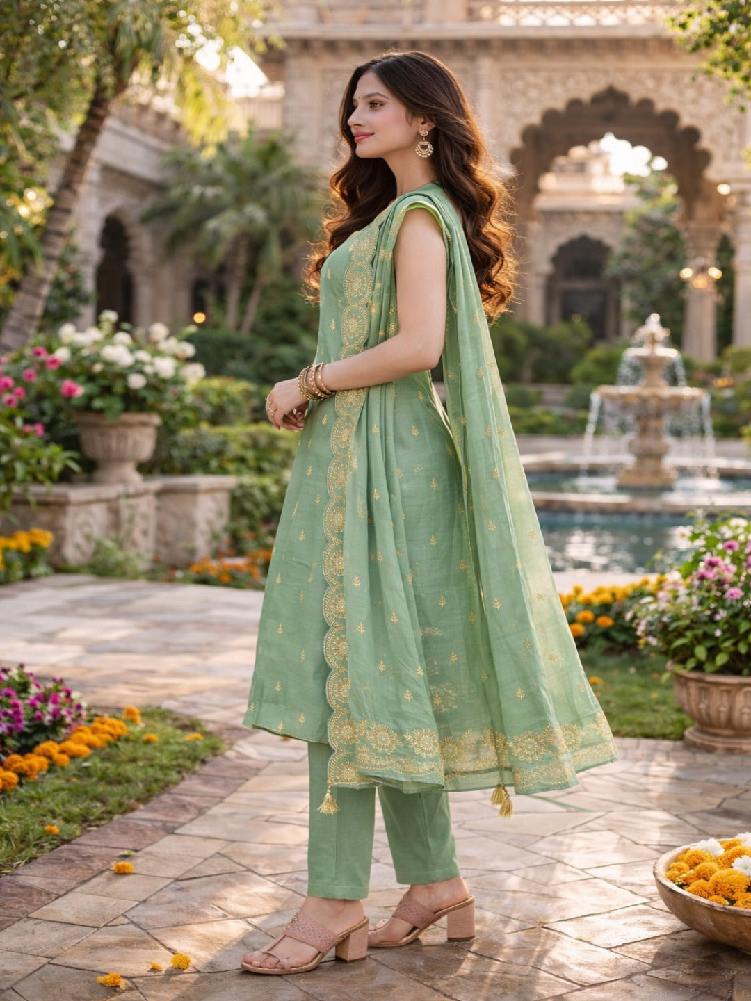 Fascinating Sequence Embroidery Viscose Pista Green Kurti With Pant and Dupatta