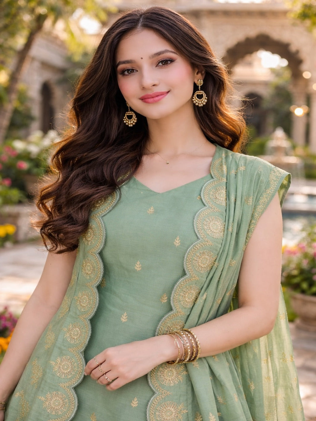 Fascinating Sequence Embroidery Viscose Pista Green Kurti With Pant and Dupatta