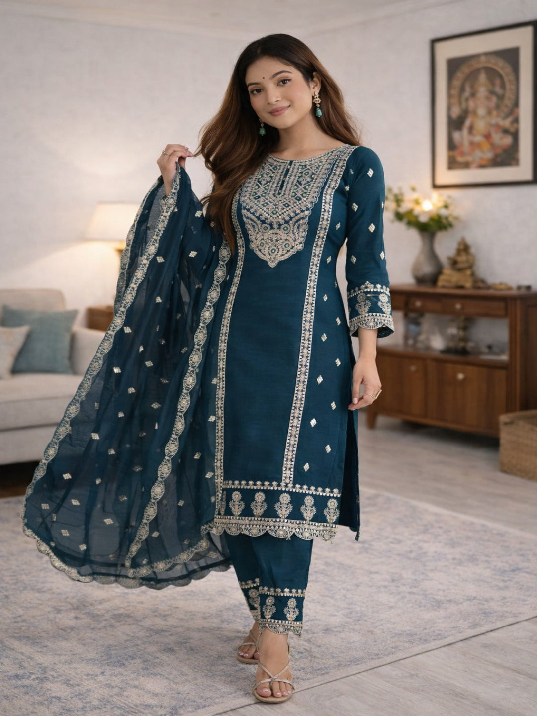 Traditional Embroidered Navy Blue Kurta Pant Set with Silver Sequin Details