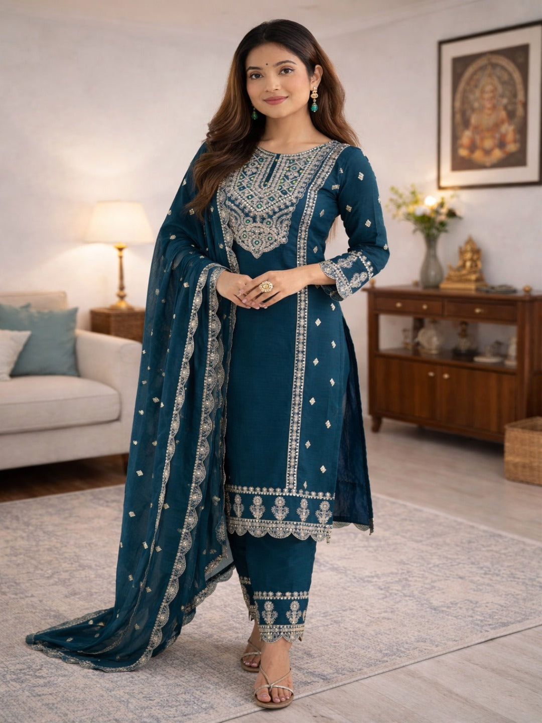 Traditional Embroidered Navy Blue Kurta Pant Set with Silver Sequin Details