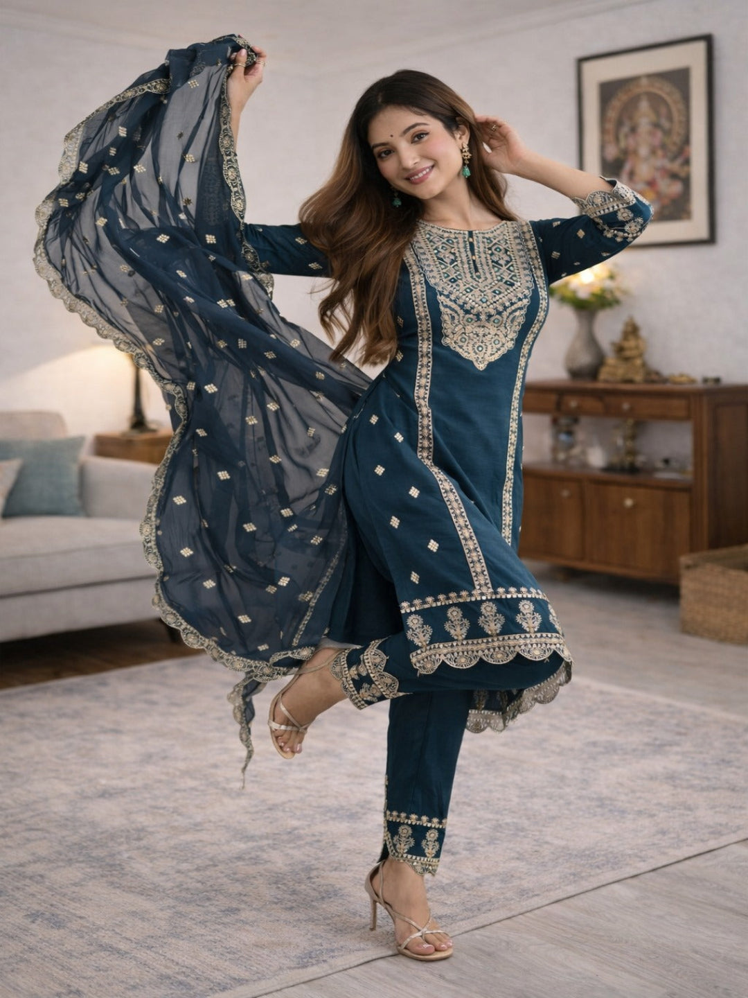 Traditional Embroidered Navy Blue Kurta Pant Set with Silver Sequin Details