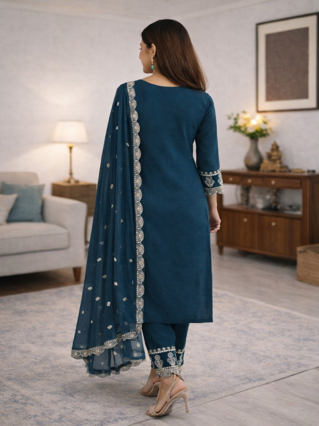 Traditional Embroidered Navy Blue Kurta Pant Set with Silver Sequin Details