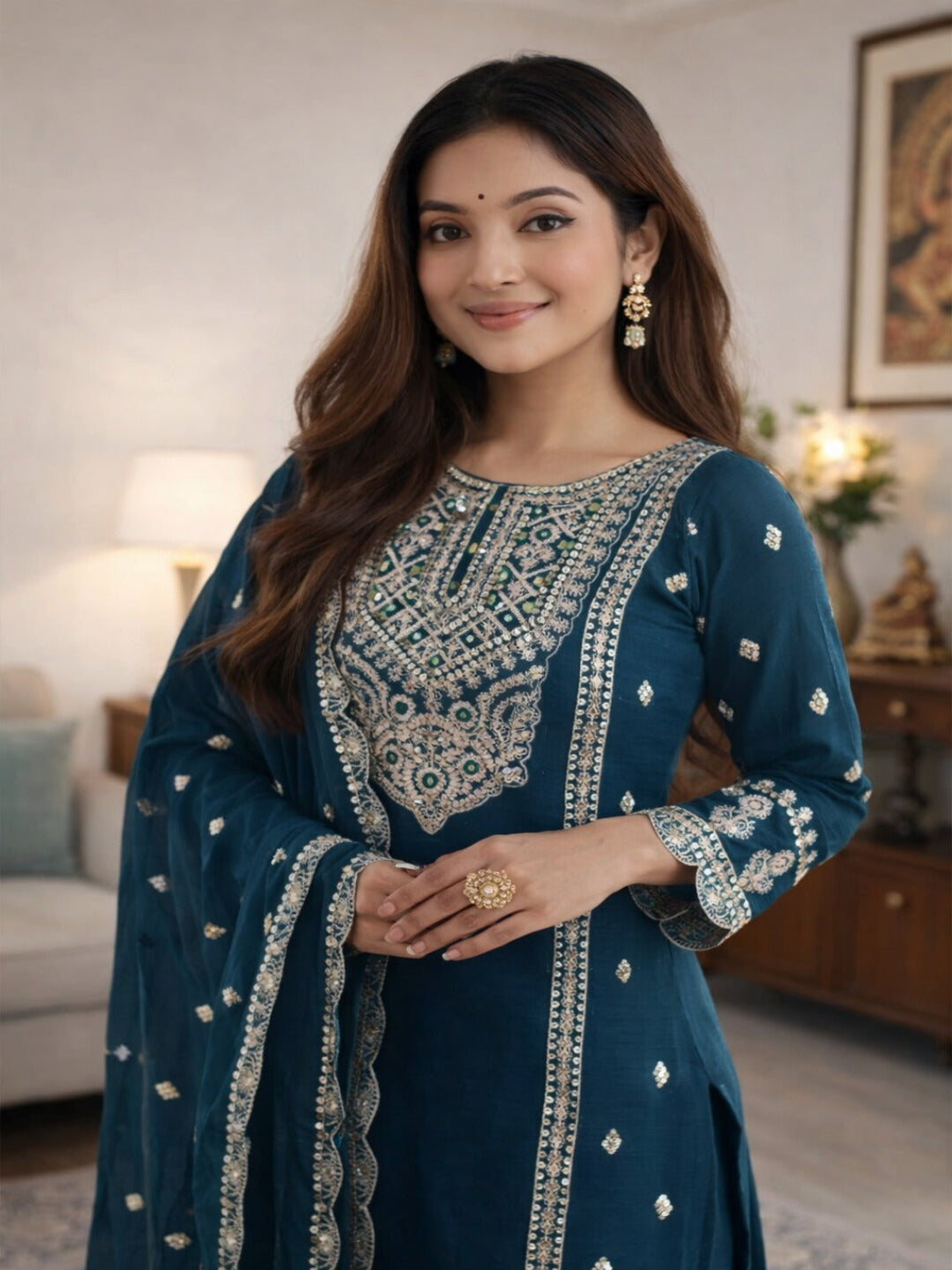Traditional Embroidered Navy Blue Kurta Pant Set with Silver Sequin Details