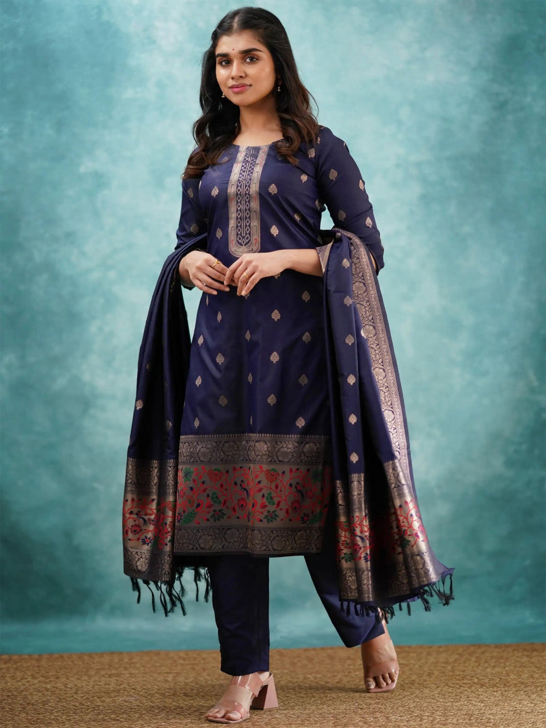 Navy Blue Paithani Silk Salwar Suit
