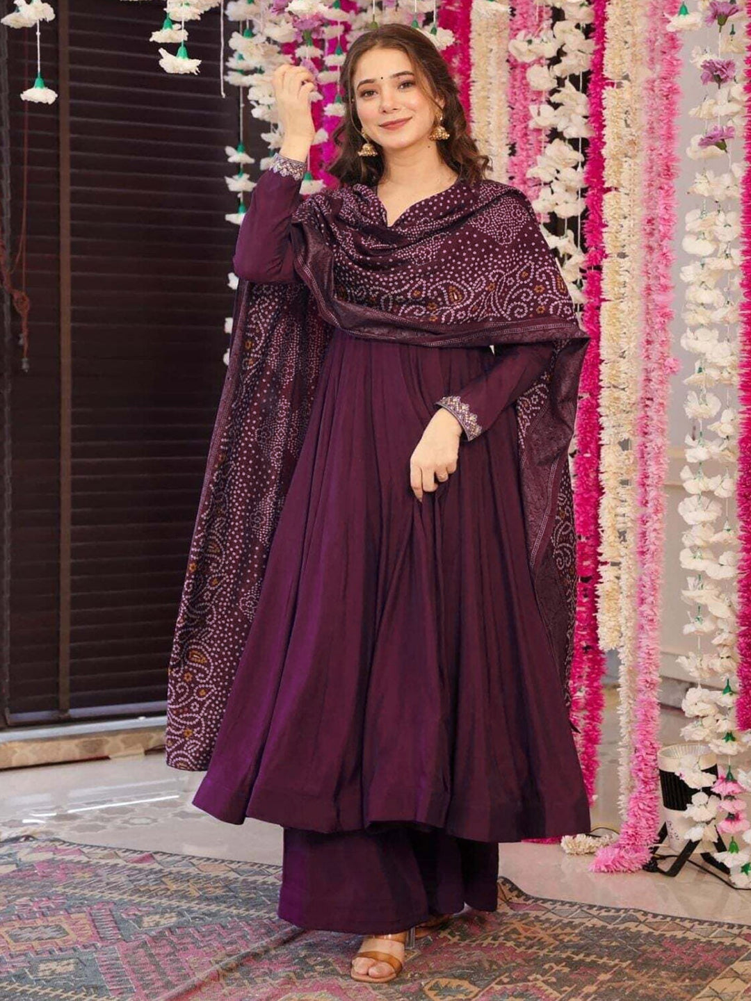 Vichitra Silk Purple Anarkali with Plazzo & Chanderi Dupatta