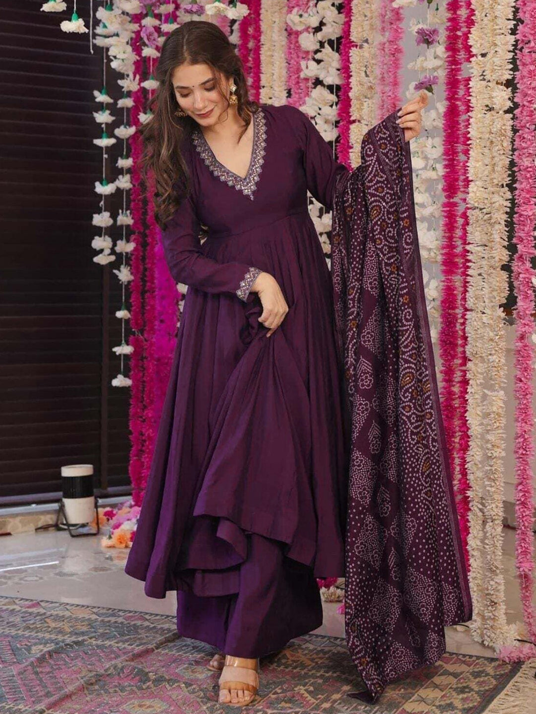 Vichitra Silk Purple Anarkali with Plazzo & Chanderi Dupatta