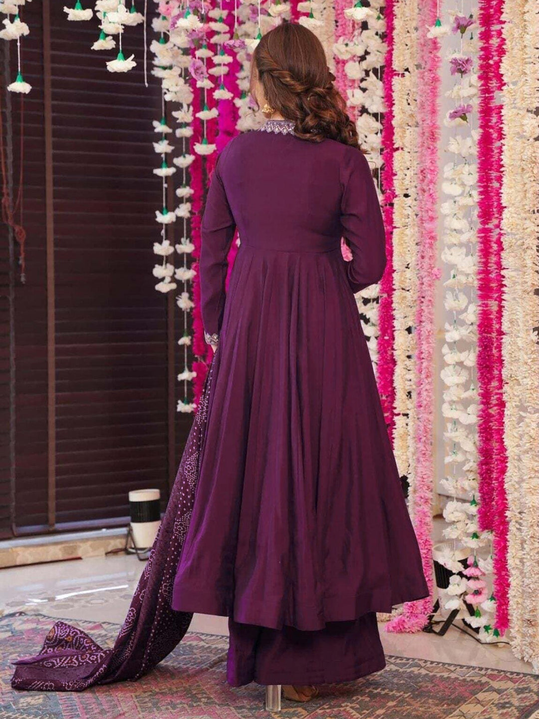 Vichitra Silk Purple Anarkali with Plazzo & Chanderi Dupatta