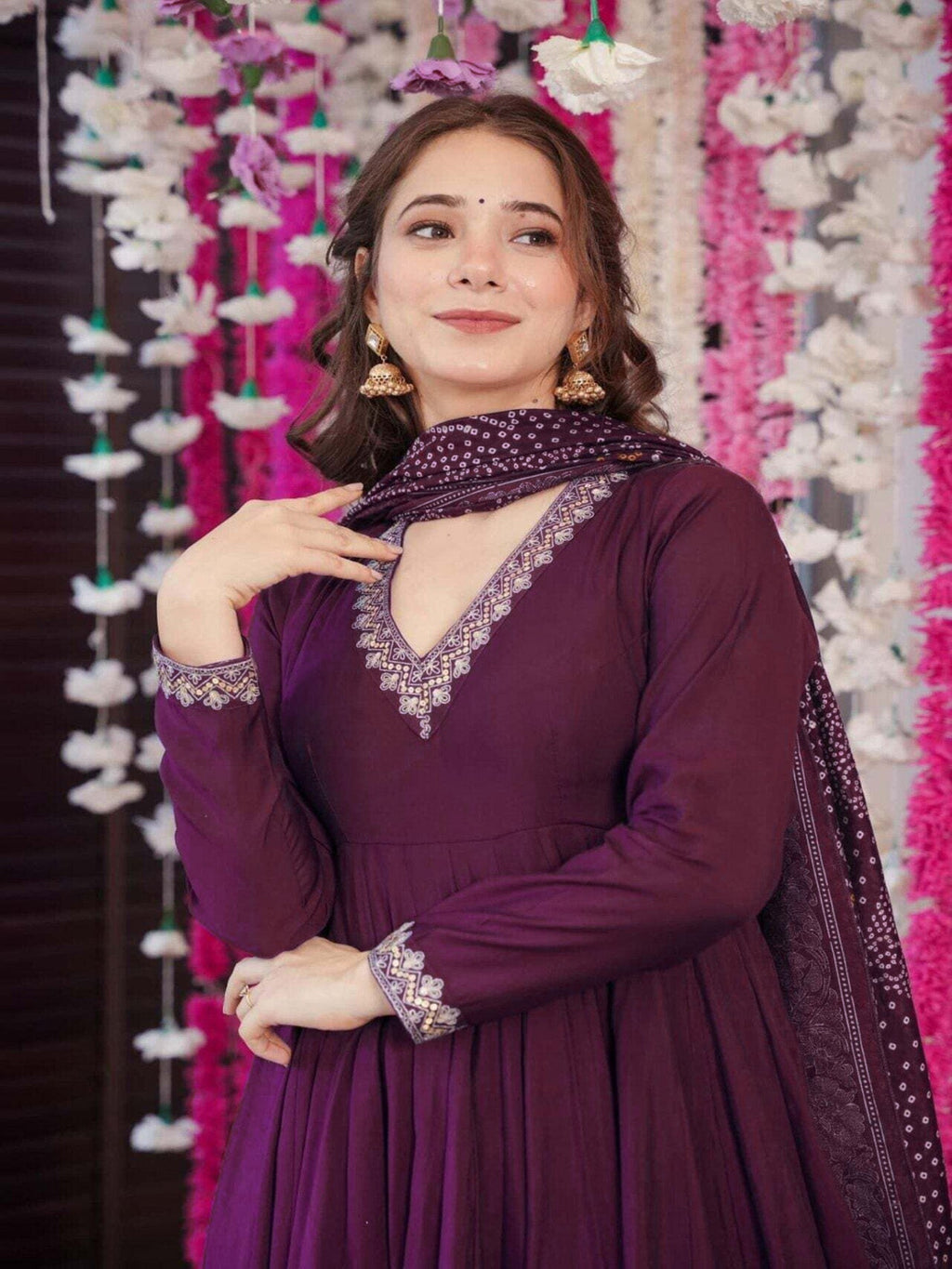 Vichitra Silk Purple Anarkali with Plazzo & Chanderi Dupatta
