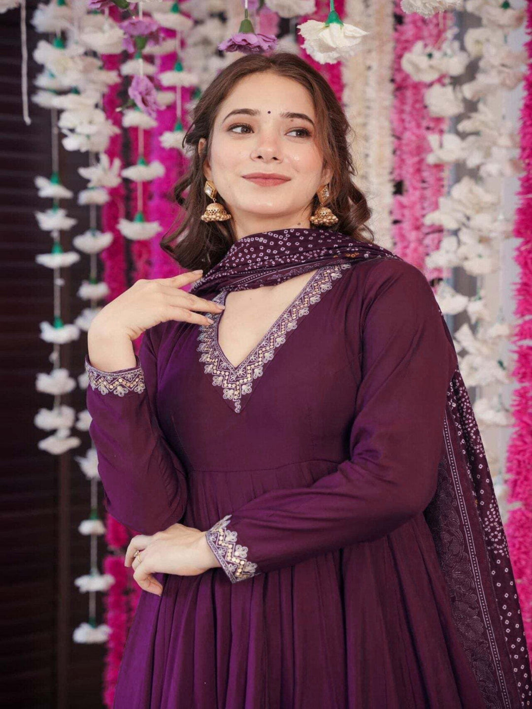 Vichitra Silk Purple Anarkali with Plazzo & Chanderi Dupatta