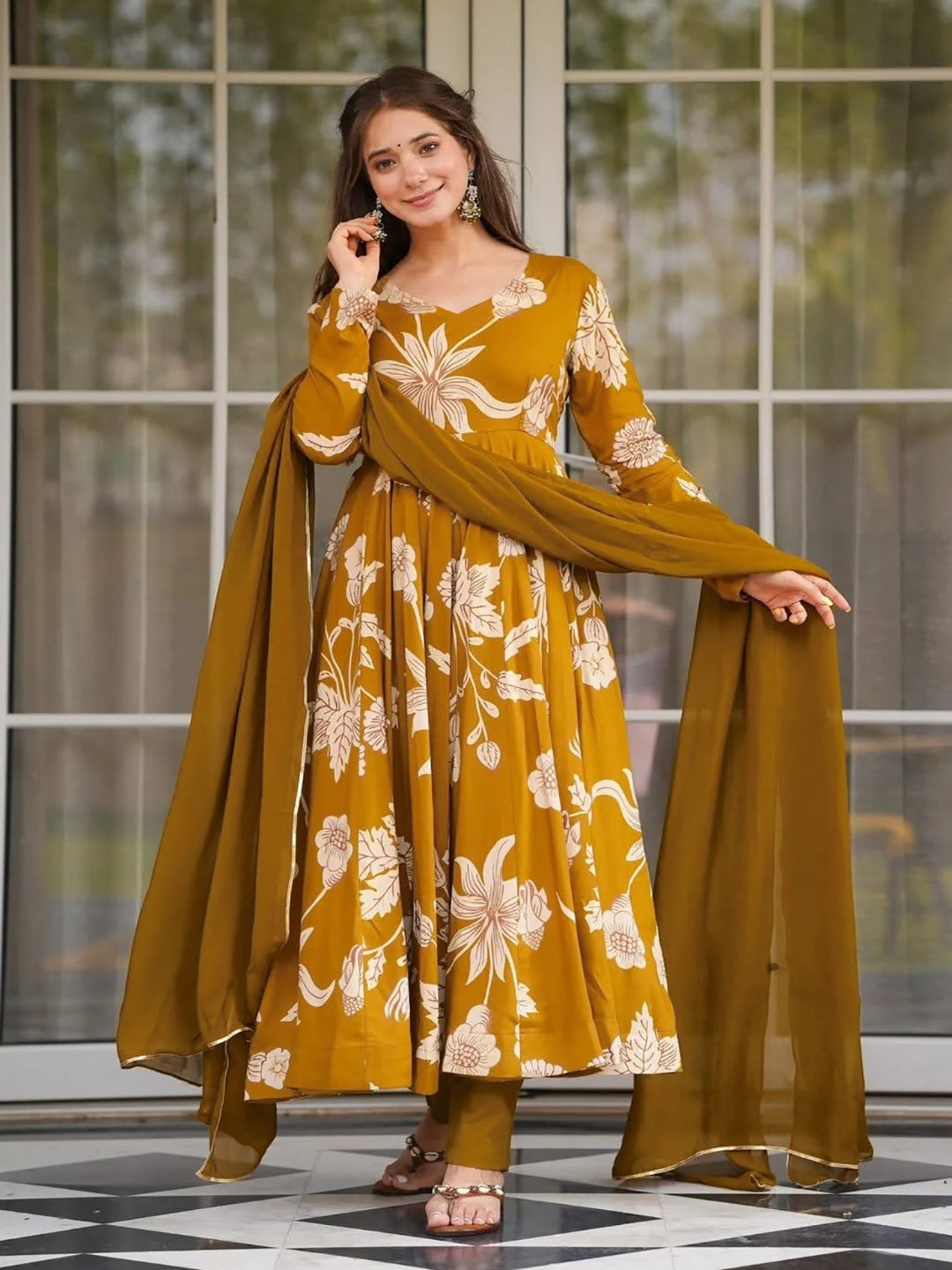 Mustard Yellow Floral Print Anarkali Kurta Set with Dupatta