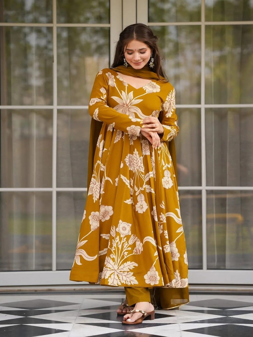 Mustard Yellow Floral Print Anarkali Kurta Set with Dupatta
