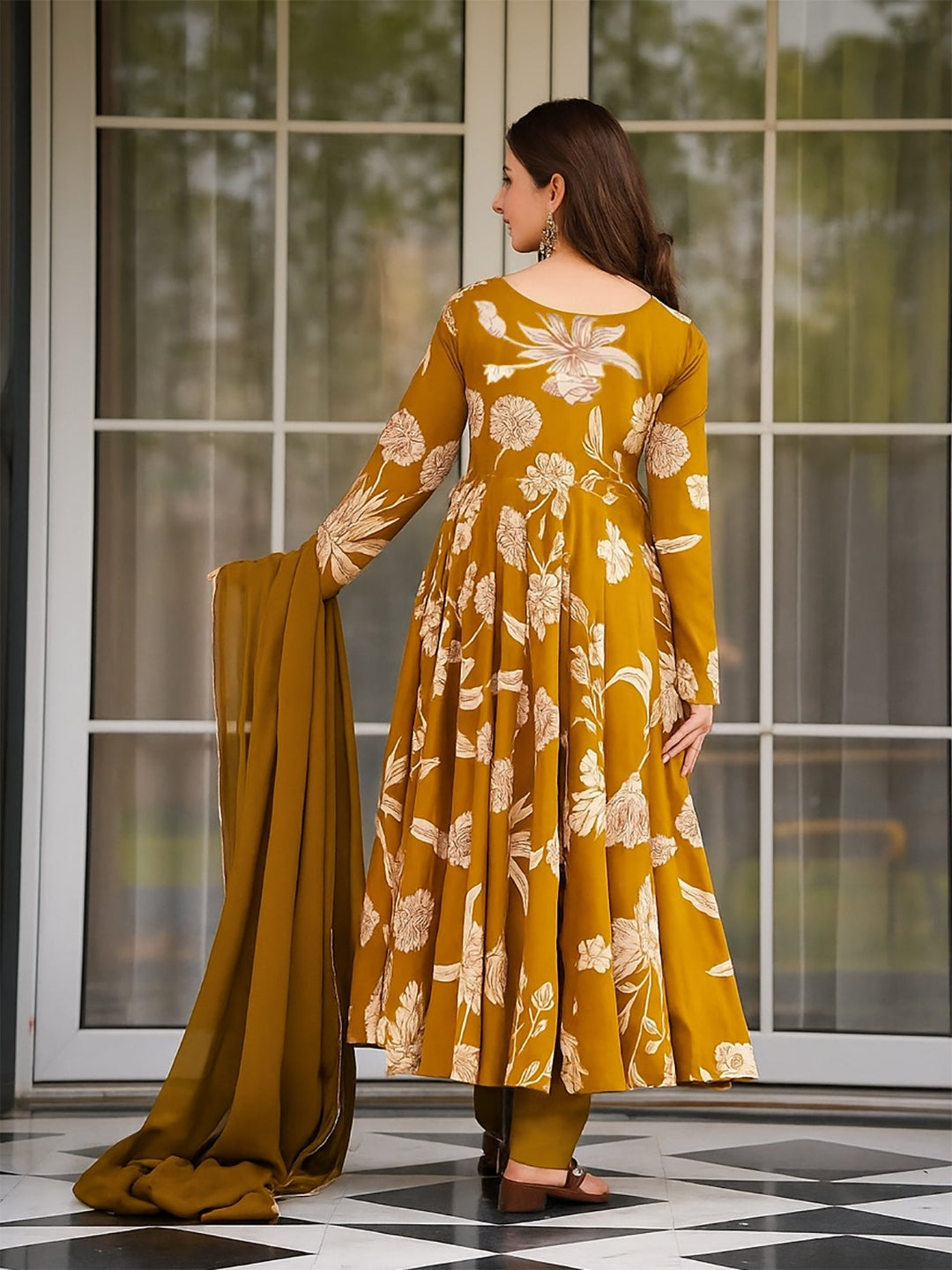 Mustard Yellow Floral Print Anarkali Kurta Set with Dupatta