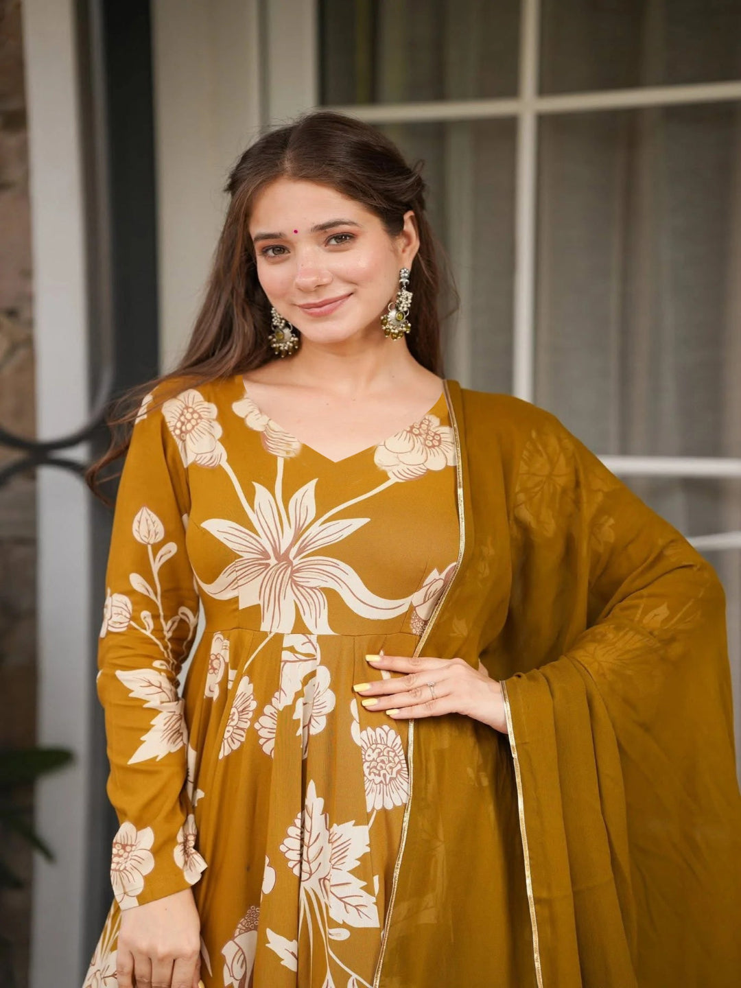 Mustard Yellow Floral Print Anarkali Kurta Set with Dupatta
